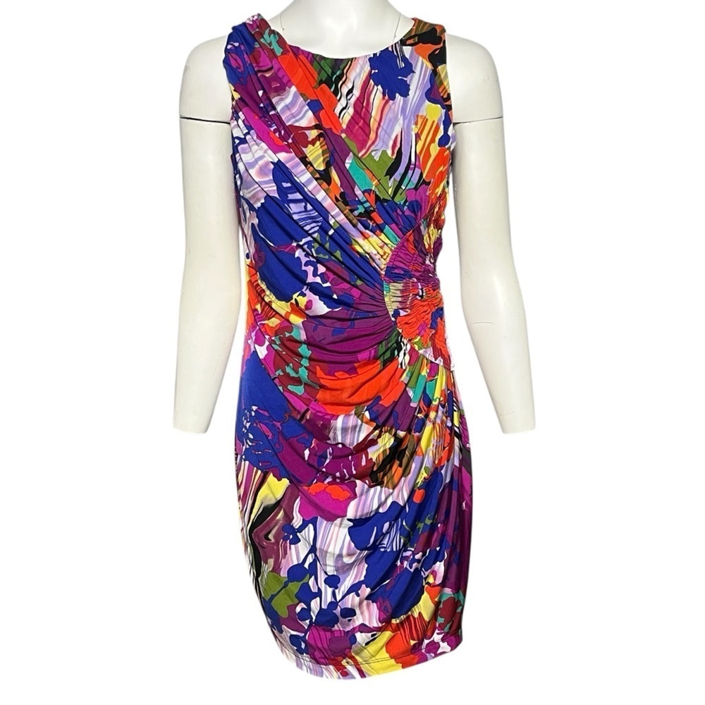 Suzi Chin Colorful Abstract Print Dress Ruched Stretchy Knit Jersey Size 6